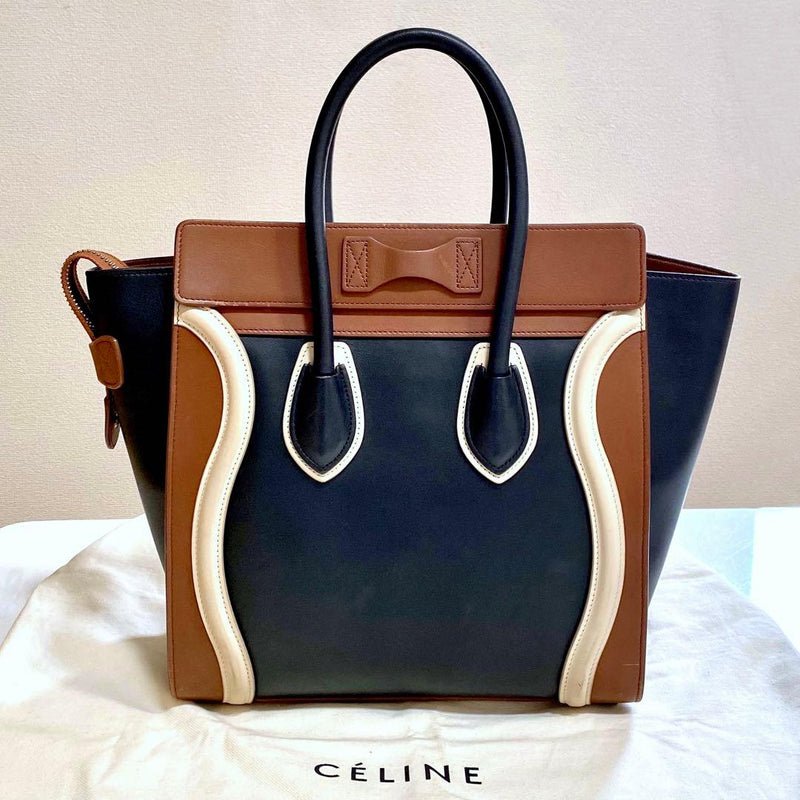 Celine Micro Luggage Shopper Handbag Tricolor Leather Brown Black Beige