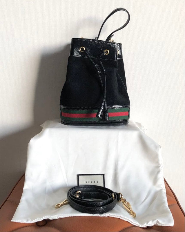 Gucci Ophidia Small Bucket Bag 550621 Suede Patent Leather Black