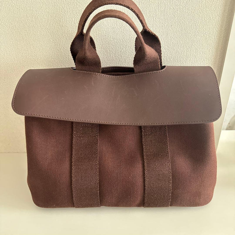 Hermes Valparaiso Pm Handbag Toile Chevrons Calf Leather Havane Brown