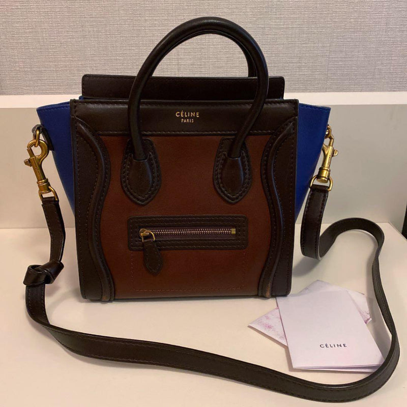 Celine Luggage Nano Handbag Leather Brown Royal Blue Crossbody Bag