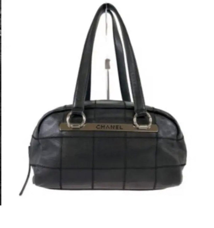 Chanel Chocobar A26135 Mini Boston Handbag Caviar Skin Black Silver Hardware