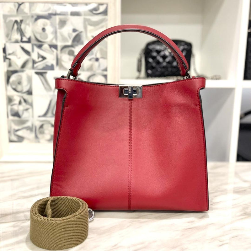 Fendi Peekaboo X-lite Zucca 8BN310 Handbag Leather Silver Hardware Red