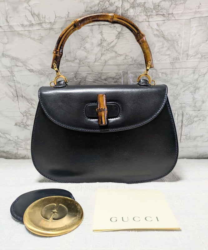 Gucci Old Bamboo 00020460188 Top Handle Handbag Leather Black