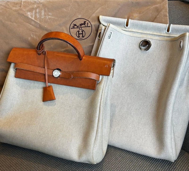 Hermes Herbag Ad Backpack Handbag Canvas Leather Silver Hardware