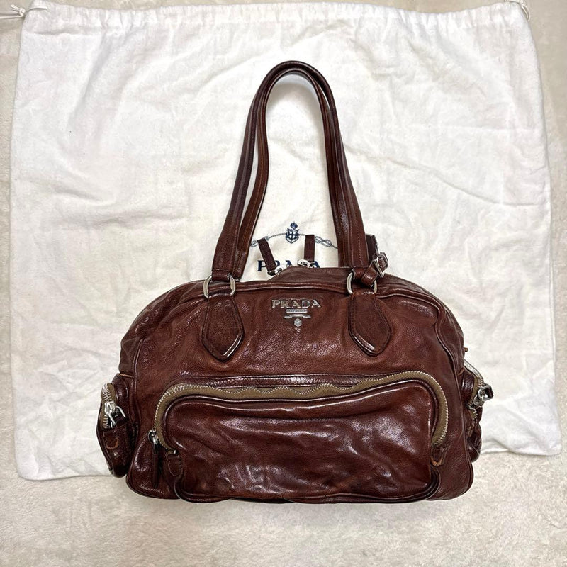 Prada Washed Leather Top Handle Handbag Shoulder Bag Brown