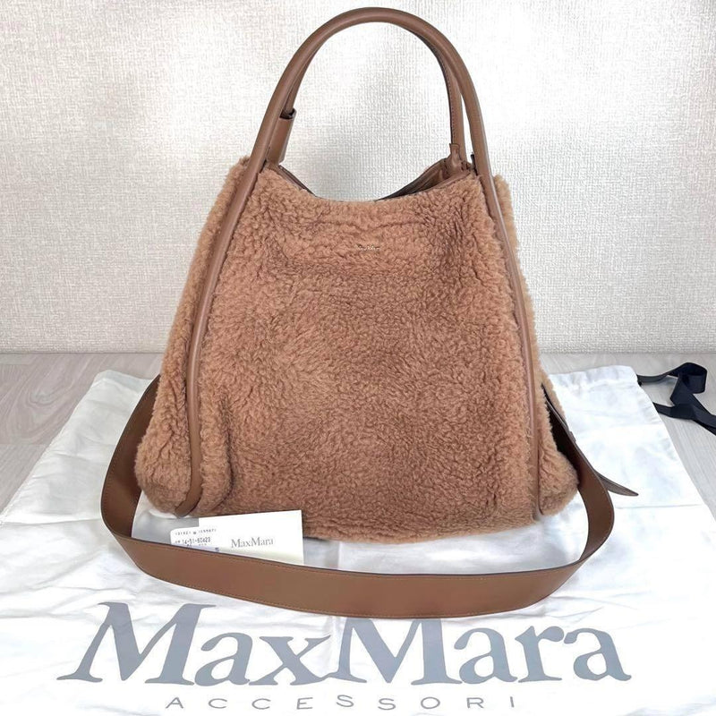 Max Mara T-marin Teddy Bear Handbag Shoulder Bag Camel Silk Leather Brown