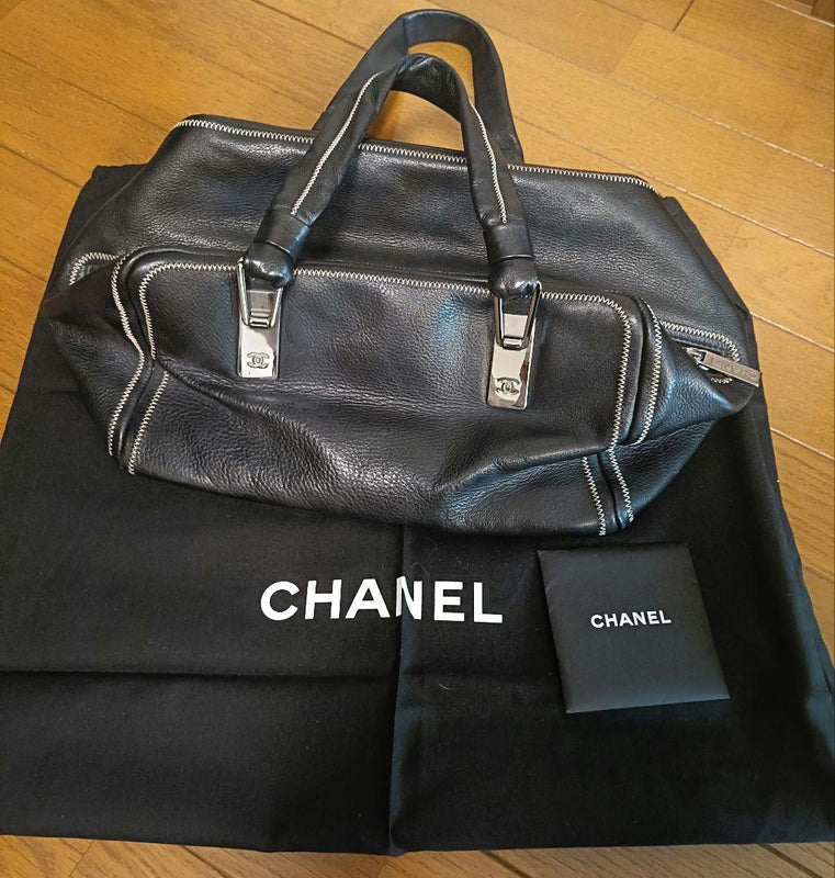 Chanel Coco Mark Boston Handbag Black Leather