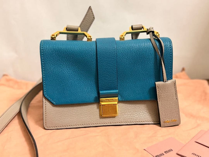 Miu Miu Madras Bicolor Handbag Leather Blue Gray Gold Hardware
