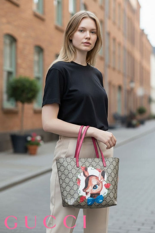 Gucci Deer Illustration Tote Bag Canvas Beige Pink Mini