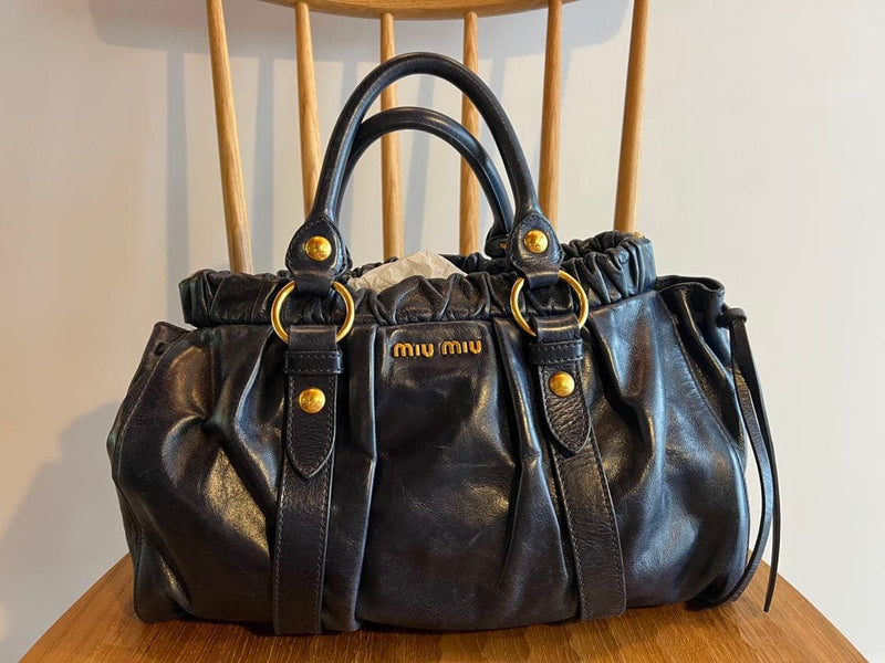 Miu Miu Vitello Lux Matelasse 2-Way Handbag Leather Blue Gold Hardware