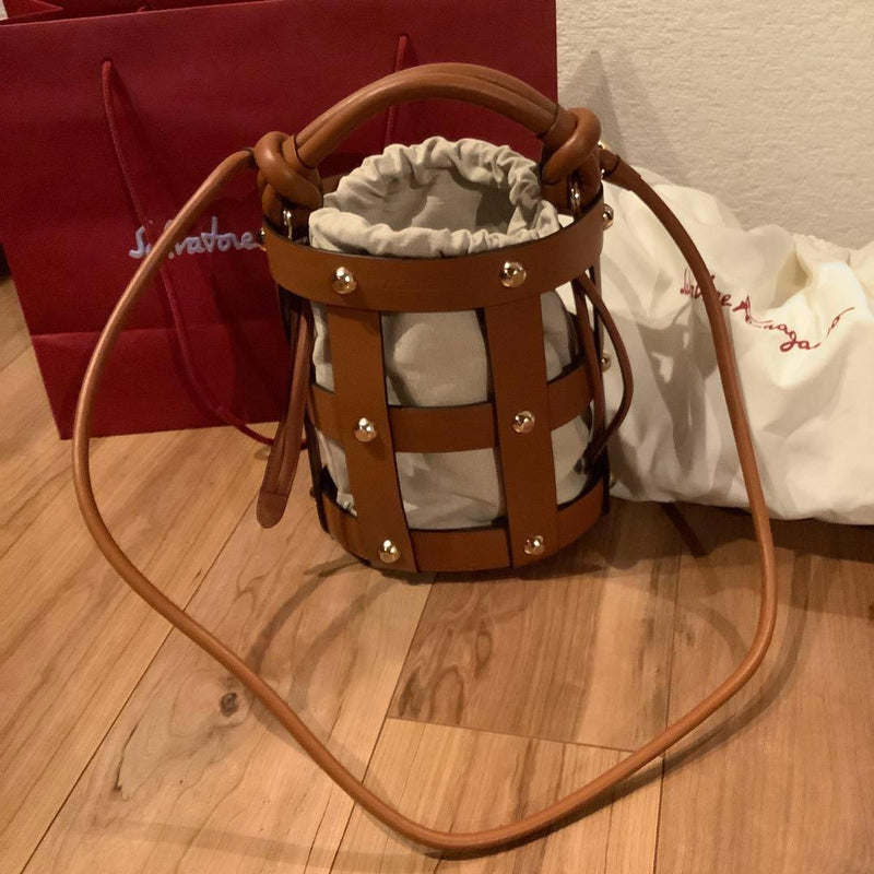 Salvatore Ferragamo Cage Bag Leather Canvas Brown Beige Handbag