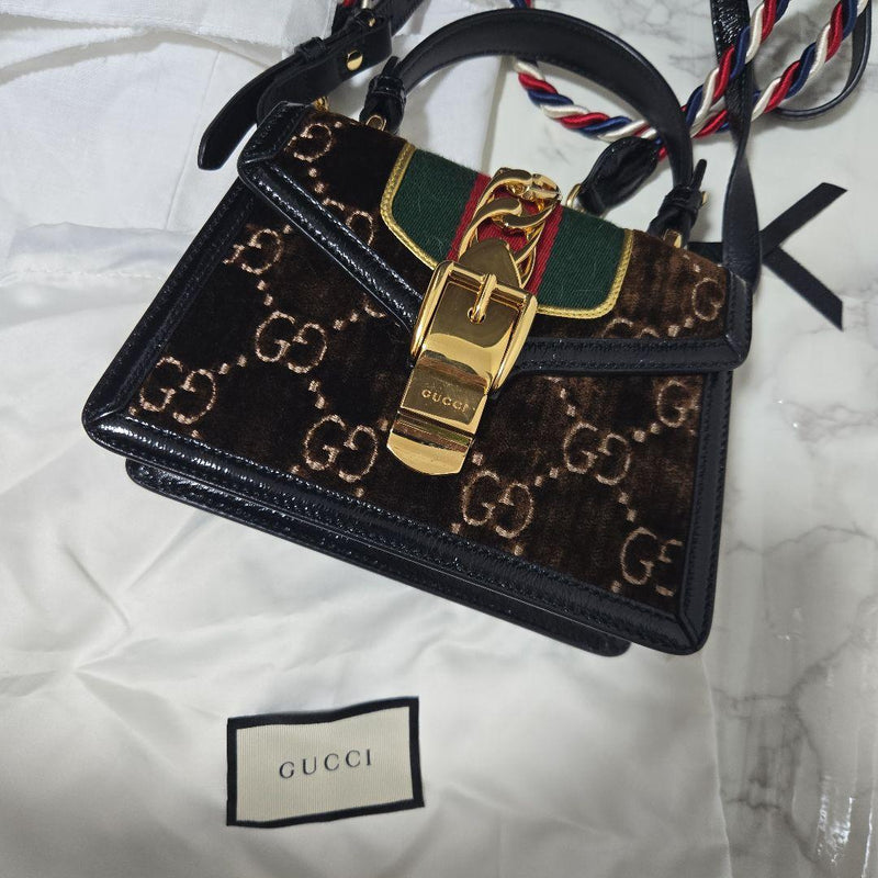 Gucci Velvet Handbag Shoulder Bag Brown Green Gold Logo Pattern Leather Metal
