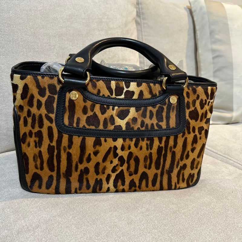 Celine Boogie Tote Bag Calf Hair Leather Leopard Print Handbag