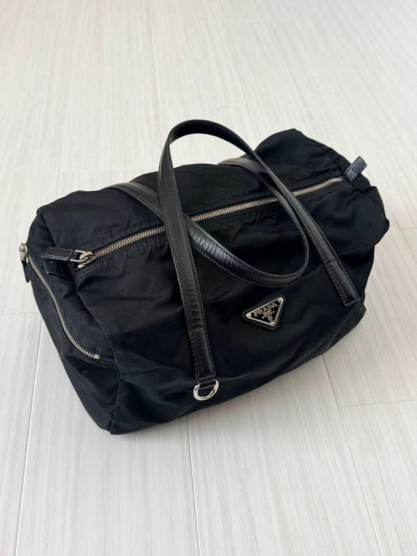 Prada Mini Boston Bag Nylon Saffiano Leather Handbag Black