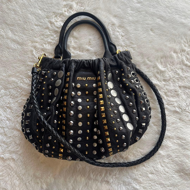 Miumiu Studded 2way Shoulder Bag Black Leather