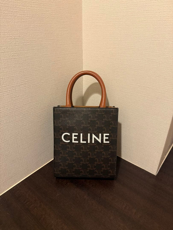 Celine Mini Vertical Cabas Triomphe Canvas Tote Handbag Calfskin Trim