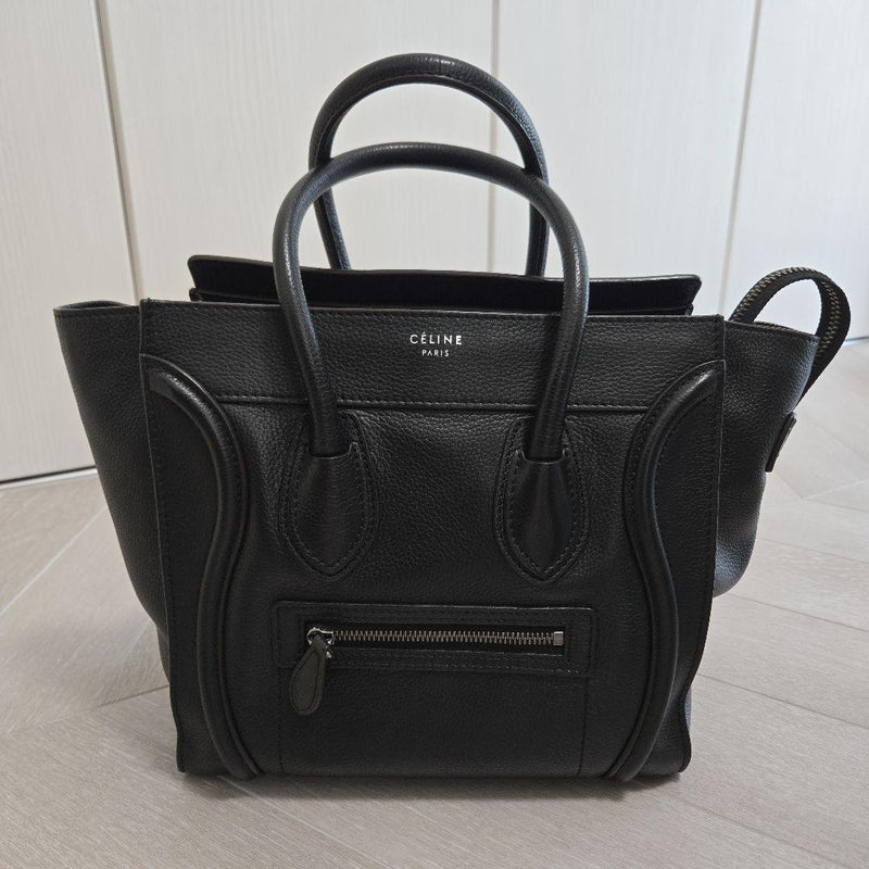 Celine Luggage Micro Shopper Handbag Drummed Calfskin Black Gold Silver Hardware