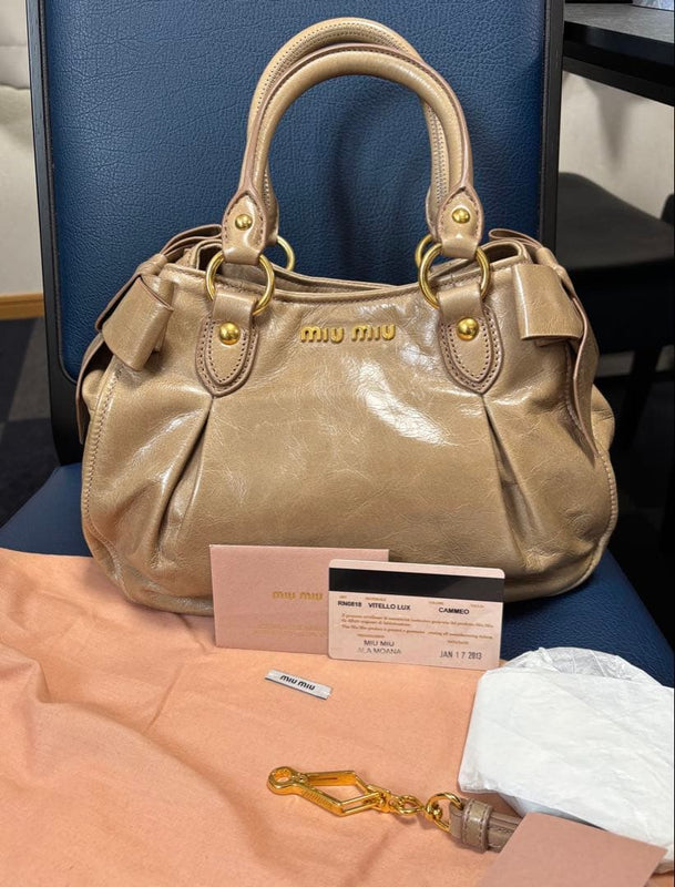 Miu Miu Handbag Shoulder Bag Leather Beige Ribbon Design 2-Way