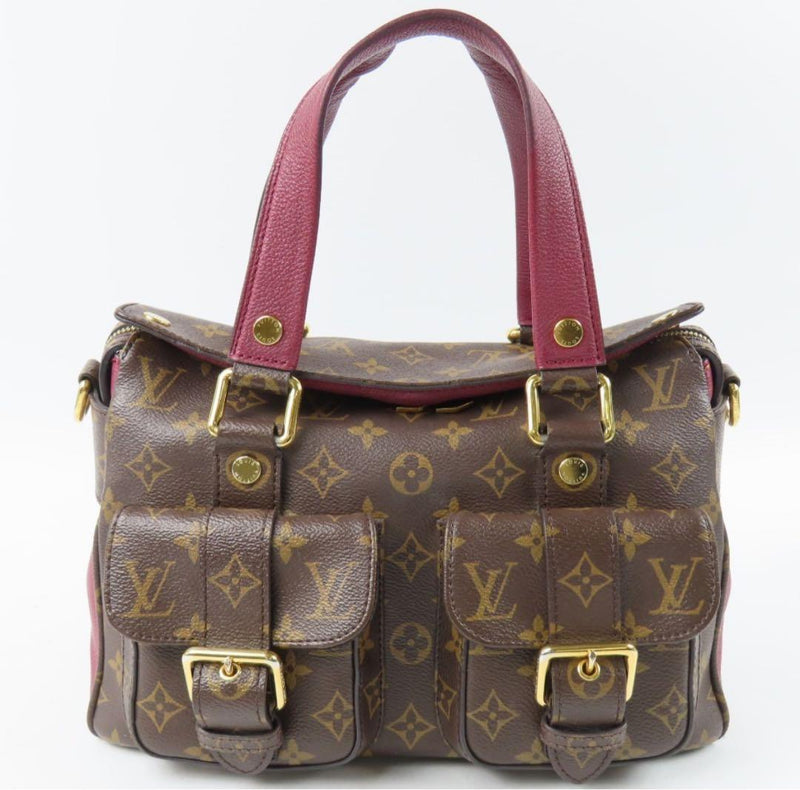 Louis Vuitton Monogram Manhattan Handbag Brown Red Leather With Front Pocket