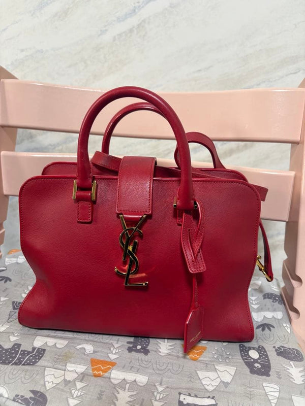 Saint Laurent Baby Cabas Handbag Shoulder Bag Red Leather Gold Hardware