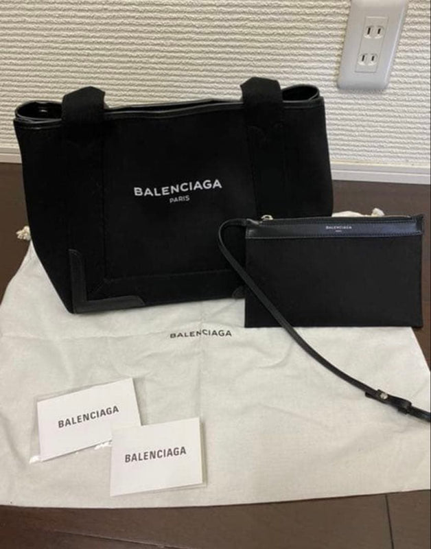 Balenciaga Navy Cabas S Tote Bag Canvas Cotton Leather 1090 Noir Black