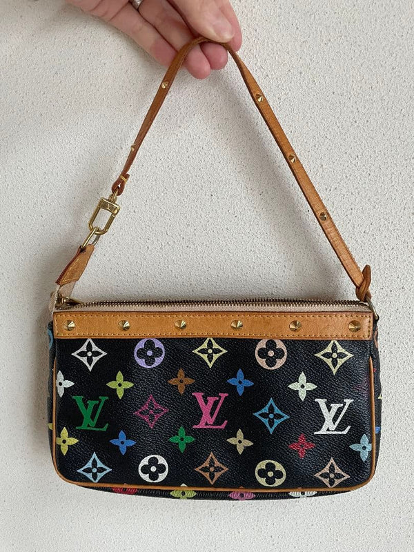 Louis Vuitton Monogram Handbag Black Multicolor Leather Studded Hardware