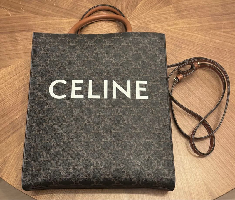 Celine Small Vertical Cabas Triomphe Canvas Tan Handbag Calfskin Gold Hardware