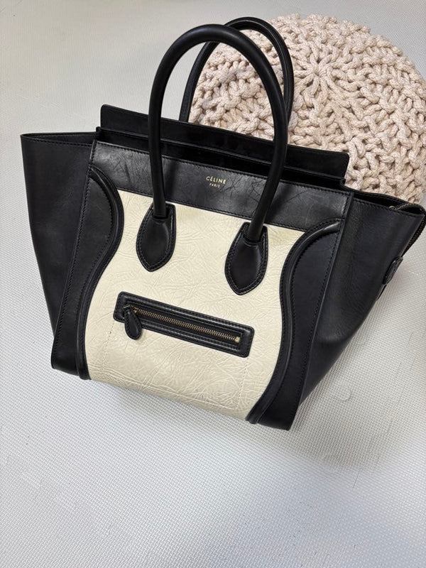 Celine Luggage Micro Handbag Tote Bag Leather Bicolor Black White