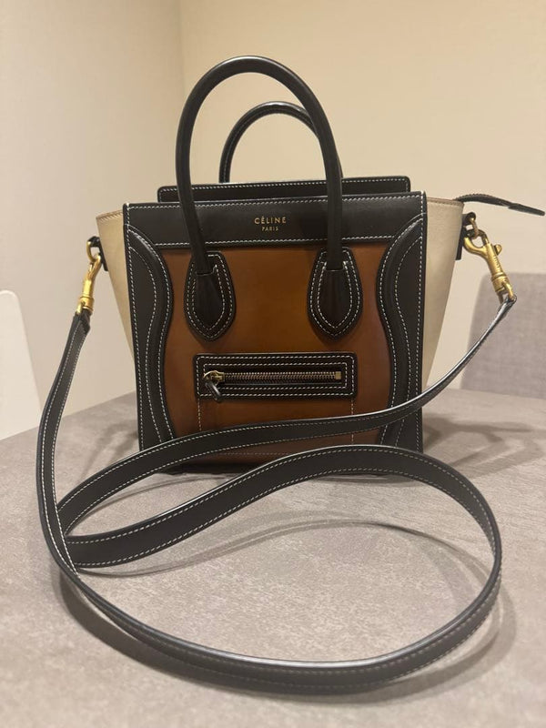 Celine Luggage Nano Handbag Brown Black White With Shoulder Strap