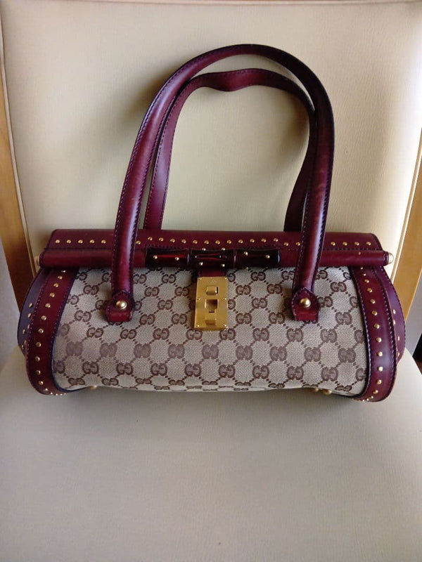 Gucci Studded Handbag Canvas Leather Beige Burgundy Gold Hardware