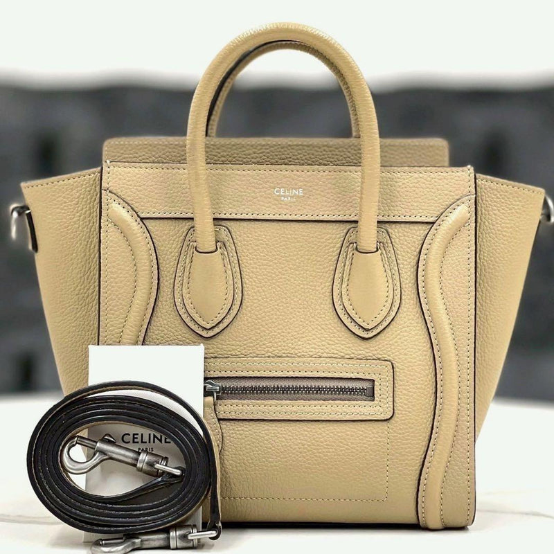 Celine Luggage Nano F-AT-2159 Handbag Drummed Calfskin Dune Silver Hardware