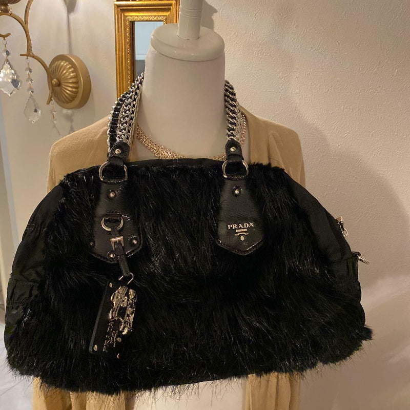 Prada Lagoon Nylon Handbag Raccoon Fur Silver Chain Black