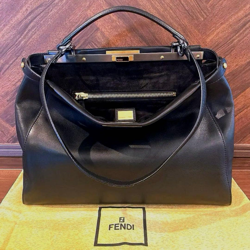 Fendi Peekaboo Large Handbag Black Leather Suede Shoulder Bag Tote