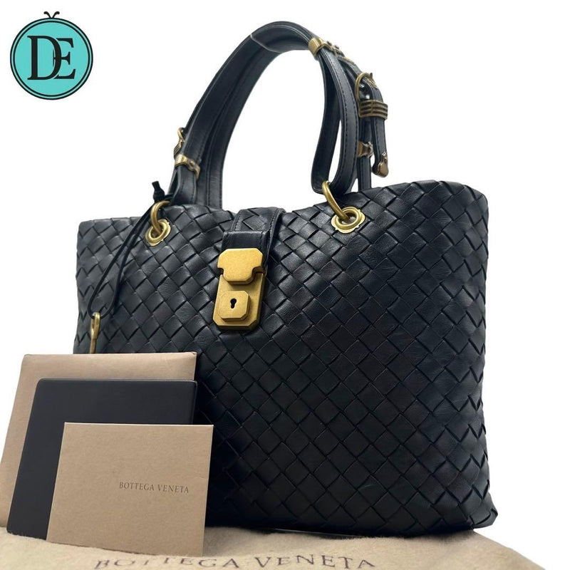 Bottega Veneta Intrecciato Handbag Tote Black Leather Gold Hardware