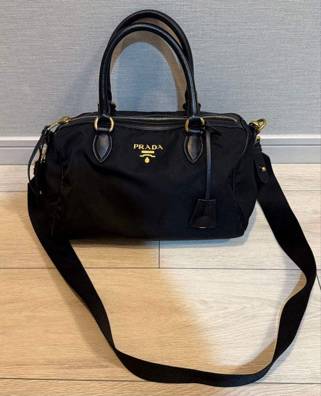 Prada BL0575 Mini Boston Handbag Black Nylon Patent Leather