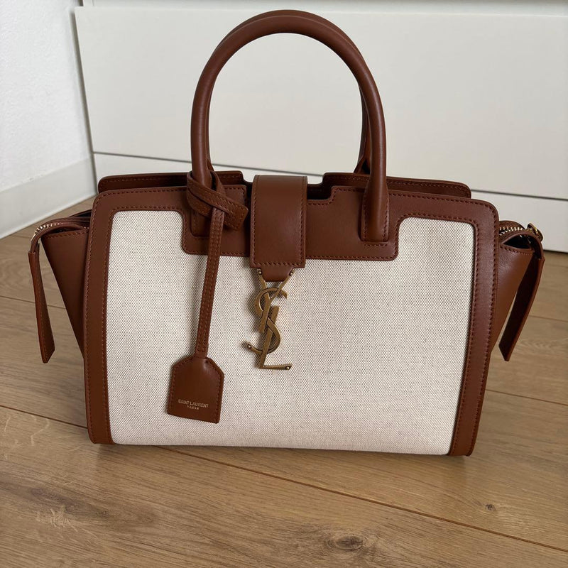 Downtown Handbag Canvas Leather Beige Brown