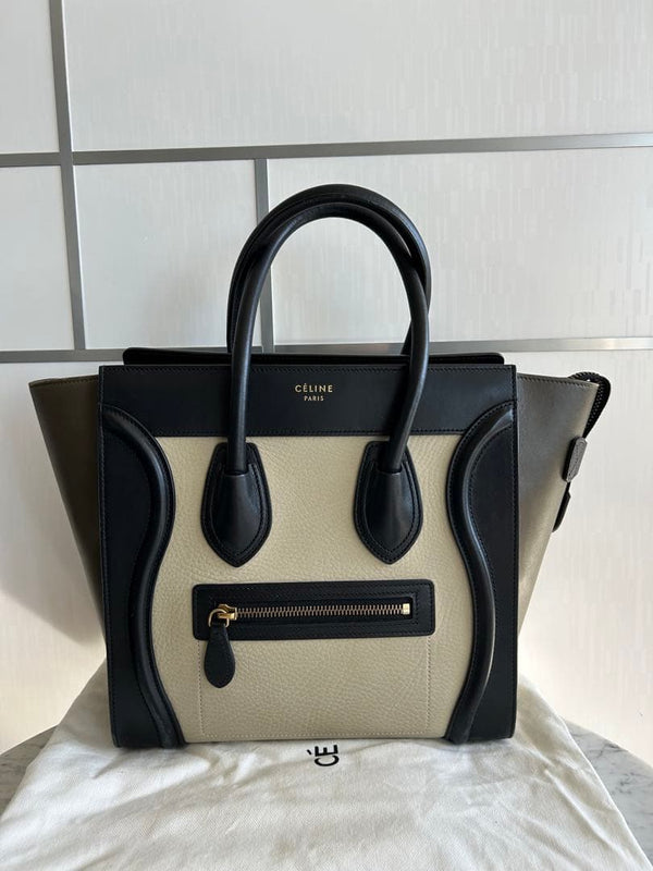 Celine Luggage Micro Handbag Cowhide Leather Black Beige Khaki