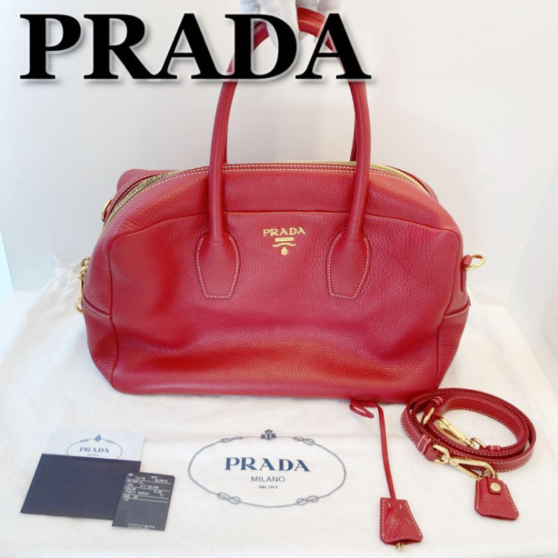 Prada 2way Boston Bag Shoulder Handbag Leather Red