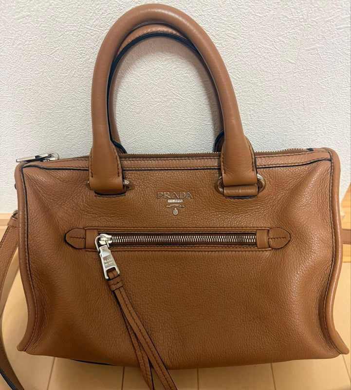 Prada 2way Handbag Shoulder Bag Tote Leather Brown Silver Hardware