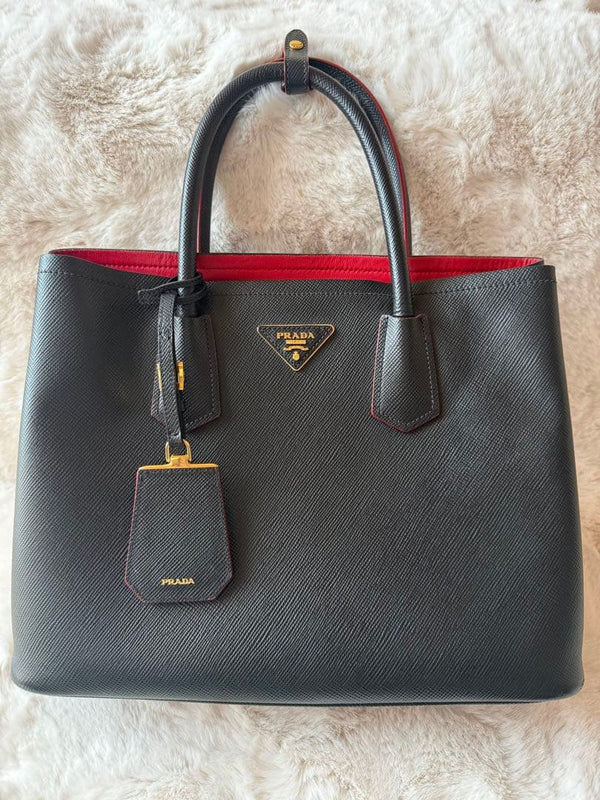 Prada Double Saffiano 2-Way Tote Bag Saffiano Cuir Black Red Interior