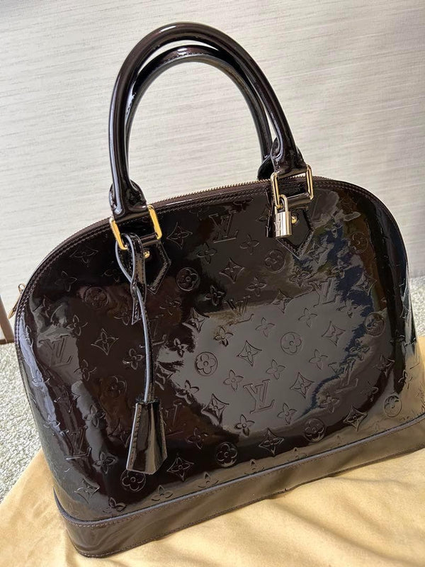 Louis Vuitton Alma Gm M91678 Monogram Vernis Rouge Fauviste Handbag Gold