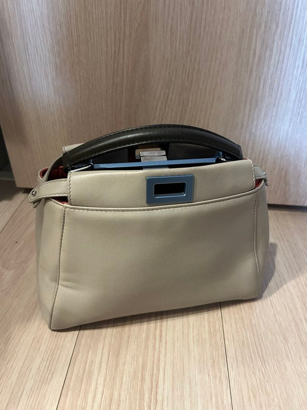 Fendi Peekaboo Handbag Beige Leather Orange Interior Blue Hardware