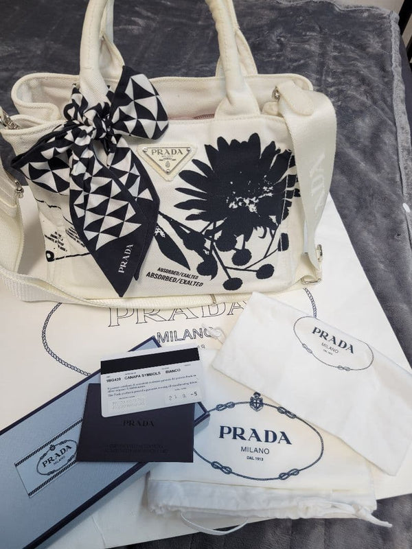 Prada Canapa Symbols 1BG439 2-Way Shoulder Bag Canvas White Floral Geometric