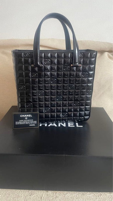 Chanel Chocolate Bar Tote Bag Patent Leather Black Metal Hardware