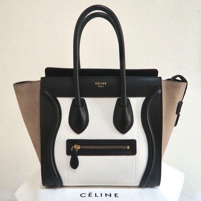 Celine Luggage Micro Shopper Handbag Tricolor Leather White Black Beige