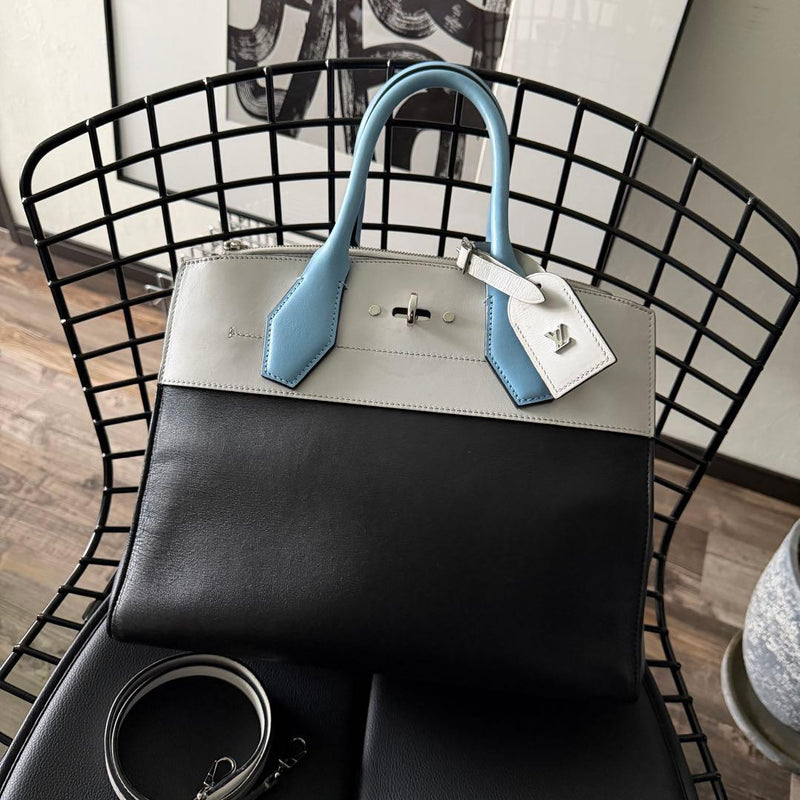 Louis Vuitton City Steamer Mm Shoulder Bag Calfskin Black White Blue