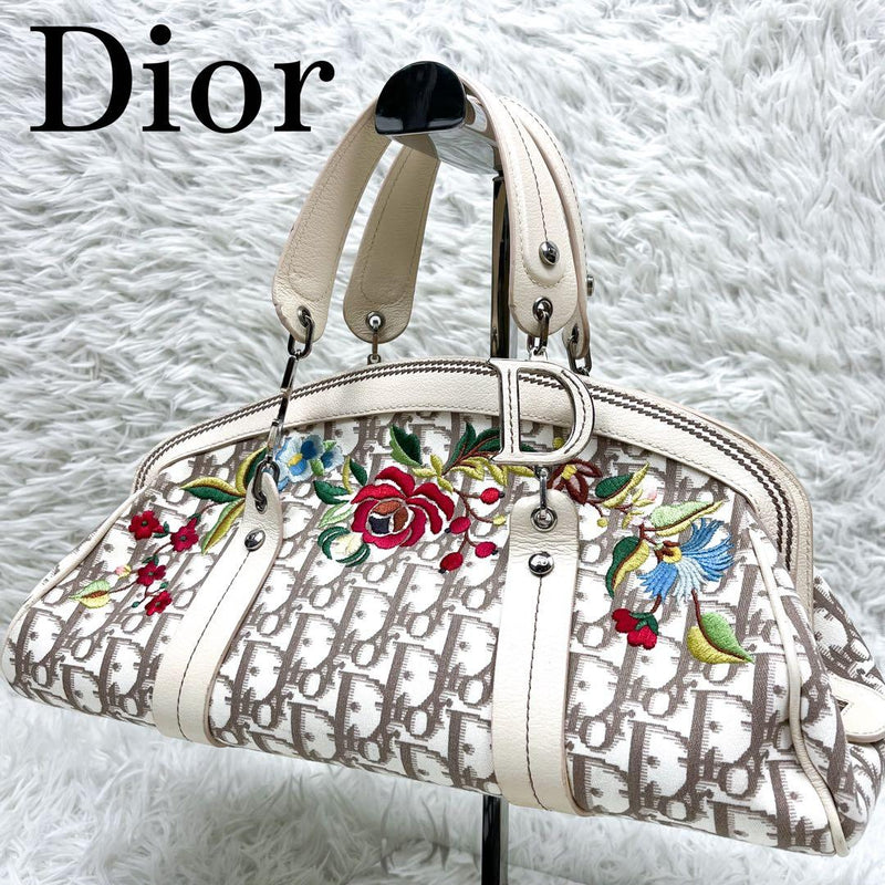 Christian Dior Trotter Flower Embroidery Handbag Canvas Leather White Beige
