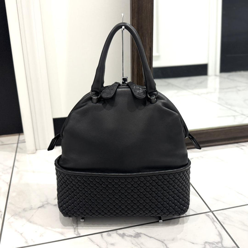 Bottega Veneta Intrecciato Handbag Leather Black Silver Hardware