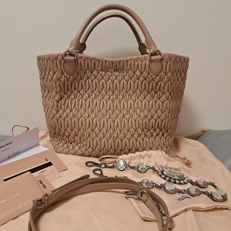 Miu Miu Matelasse Nappa Crystal Handbag Pink Beige