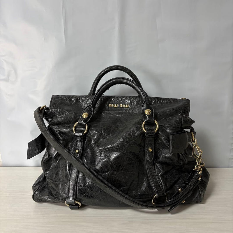 Miu Miu Vitello Lux Ribbon Bag 2-Way Shoulder Handbag Black Leather